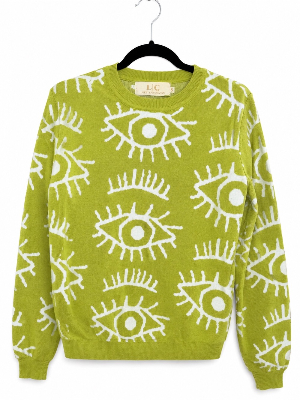 Lizette Collection Green Evil Eye Knit Sweater Women’s Small Graphic Crewneck